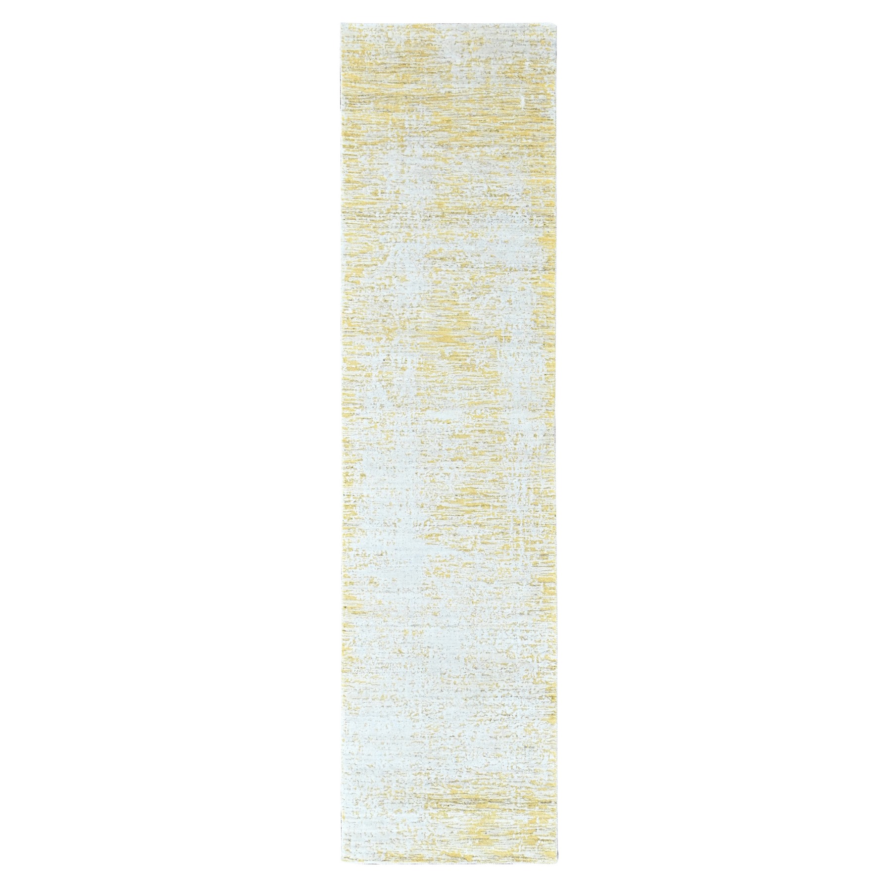 2'6"x10' Macaroon Yellow, Wool and Plant Based Silk, Hand Loomed, Textured Pile, Modern Design, Narrow Runner, Oriental Rug 